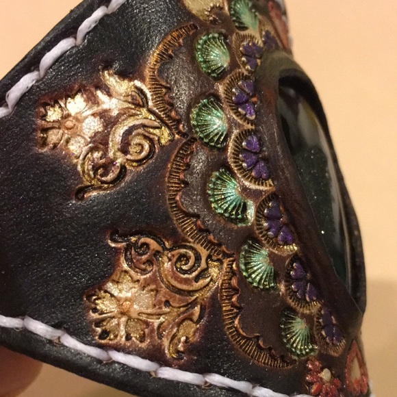 Hand Tooled Leather Bracelet w/ Black Onyx & Druzy Inlay Boho Chic Festival - Picture 8 of 13